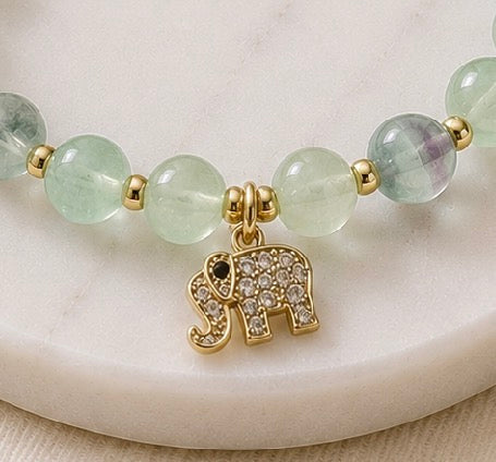 Green Fluorite with Elephant Charm Bracelet