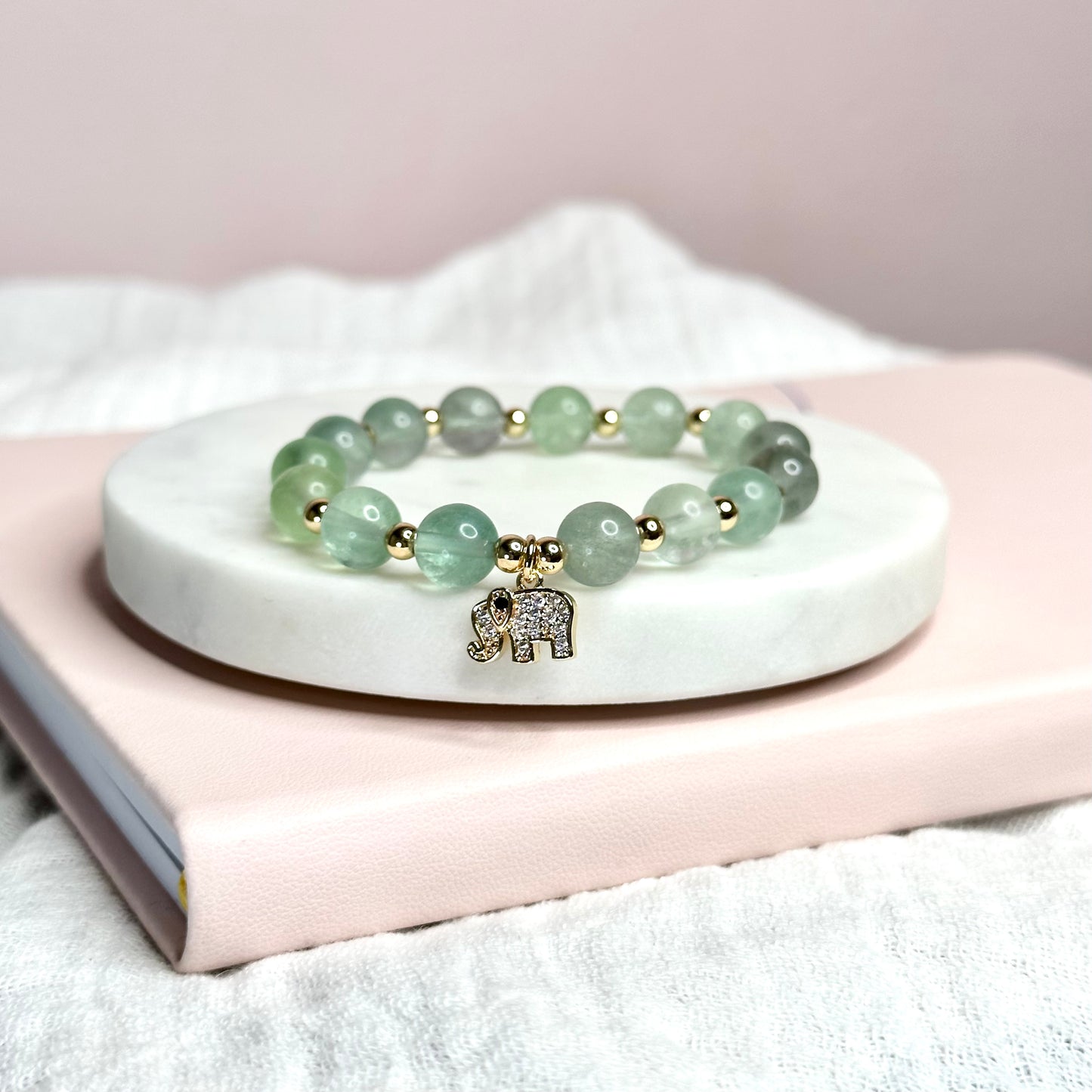 Green Fluorite with Elephant Charm Bracelet