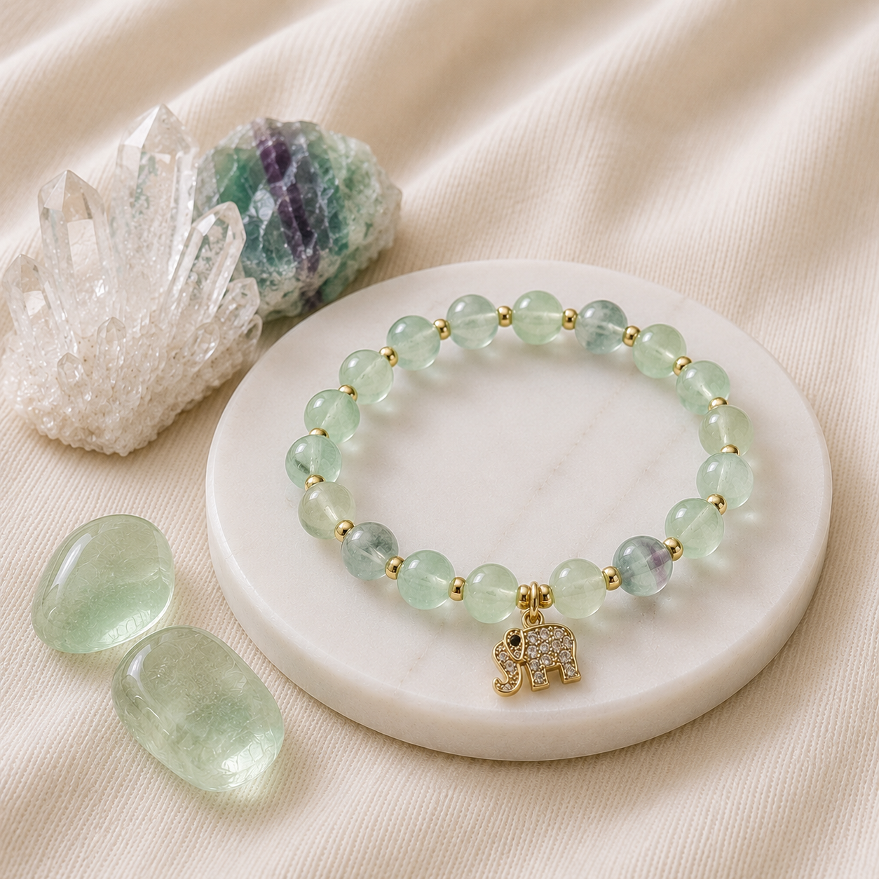 Green Fluorite with Elephant Charm Bracelet