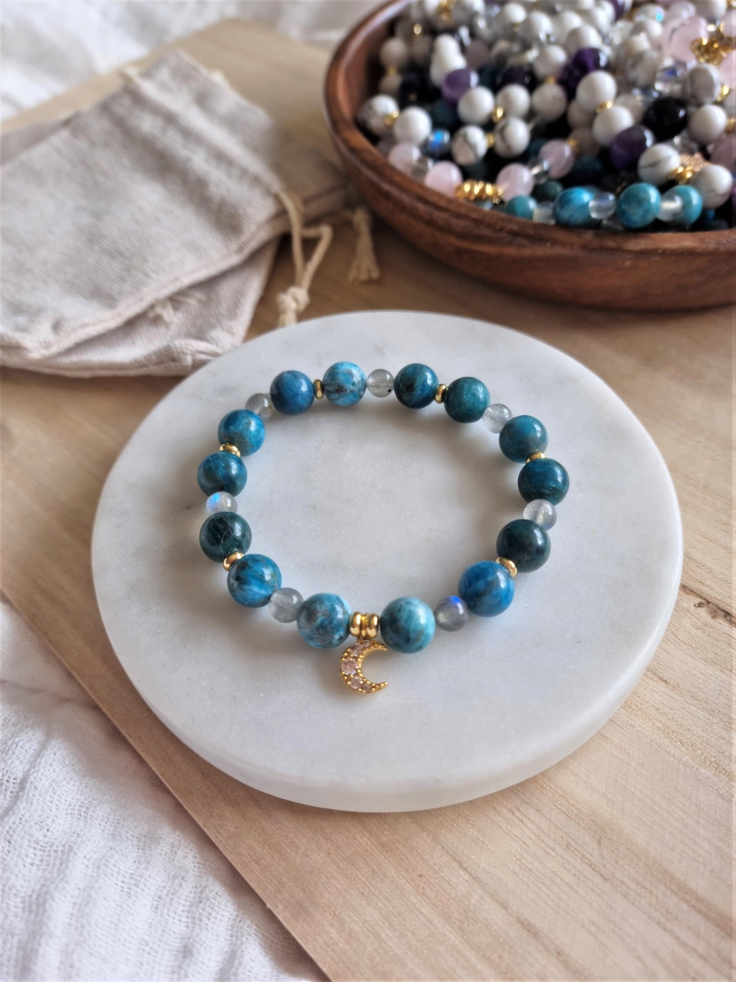 Moonstone & Apatite Moon Charm Bracelet
