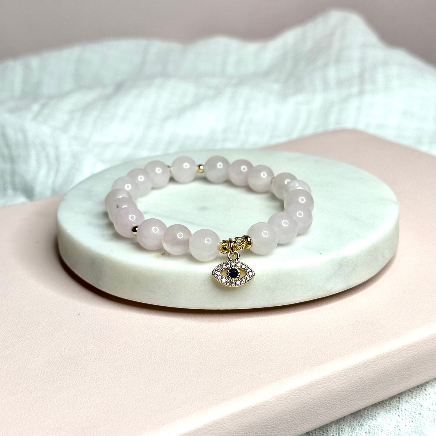Rose Quartz Evil Eye Charm Bracelet