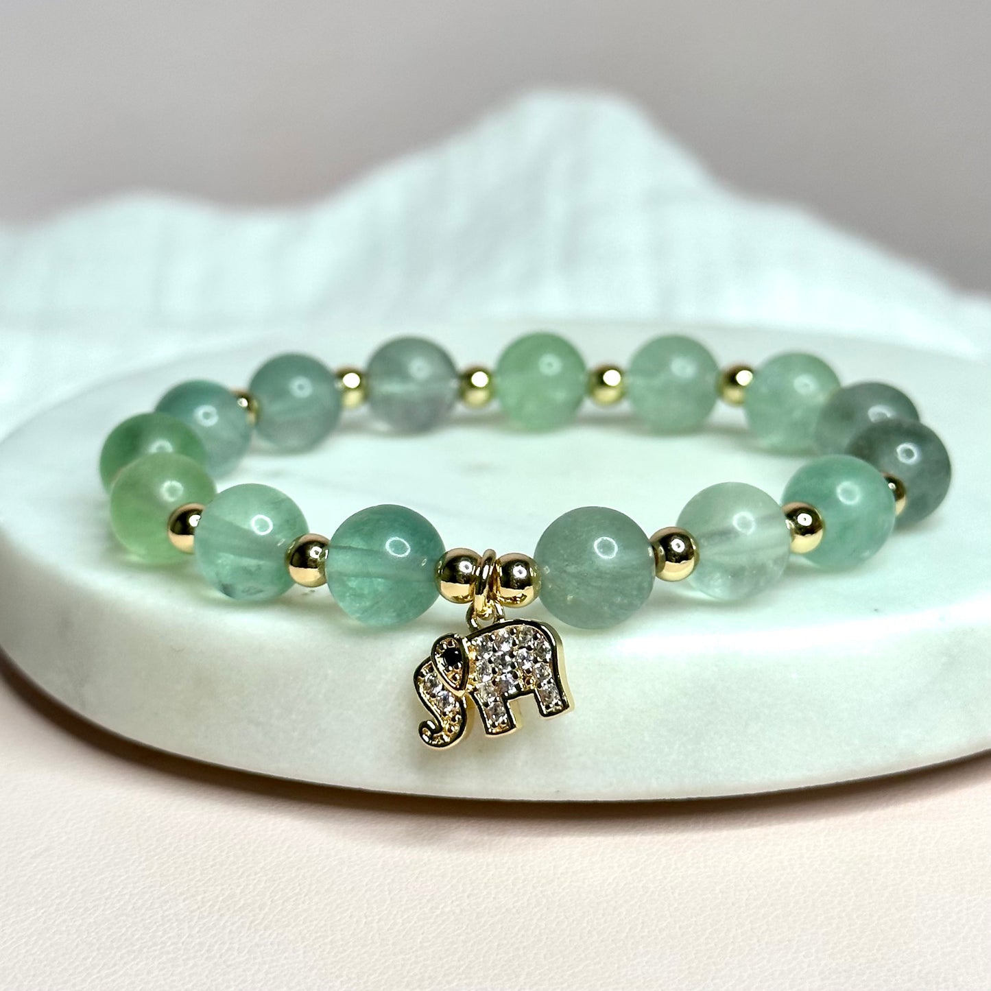 Green Fluorite with Elephant Charm Bracelet