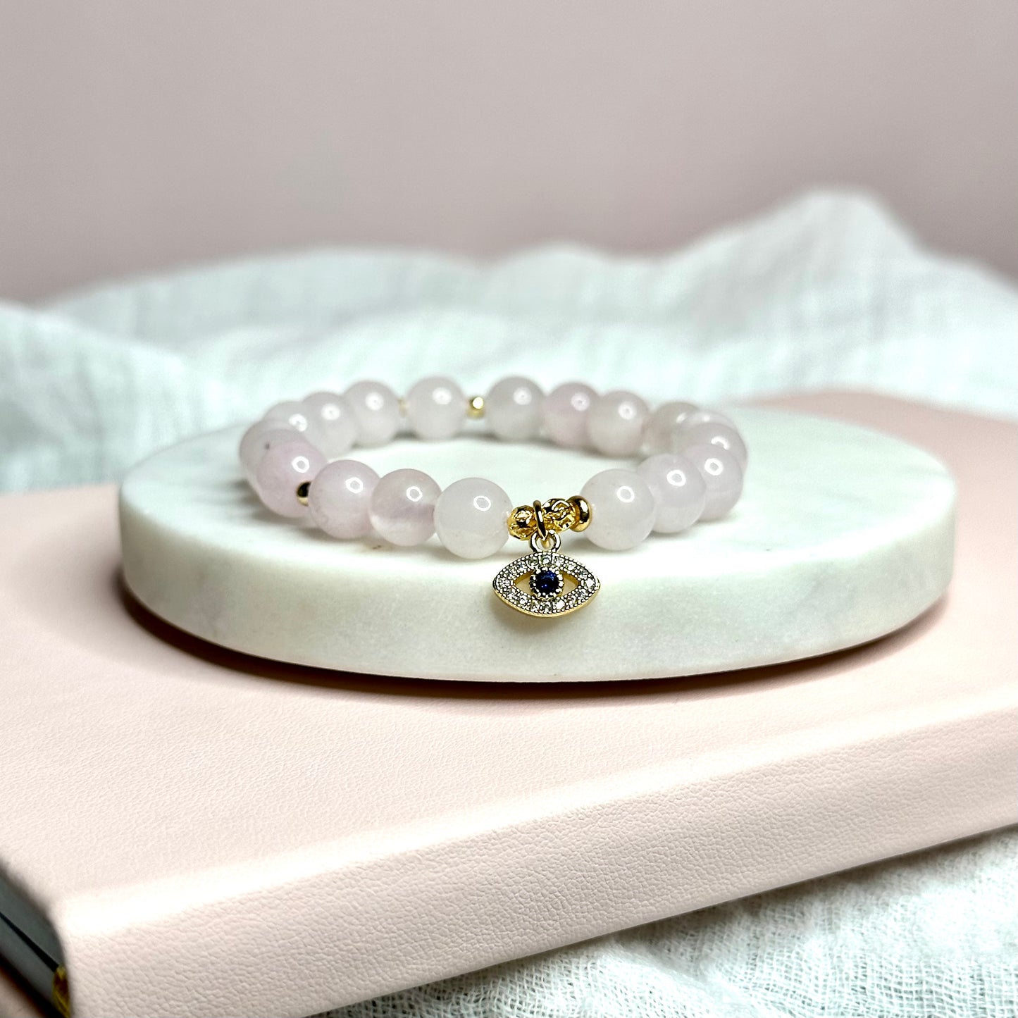 Rose Quartz Evil Eye Charm Bracelet