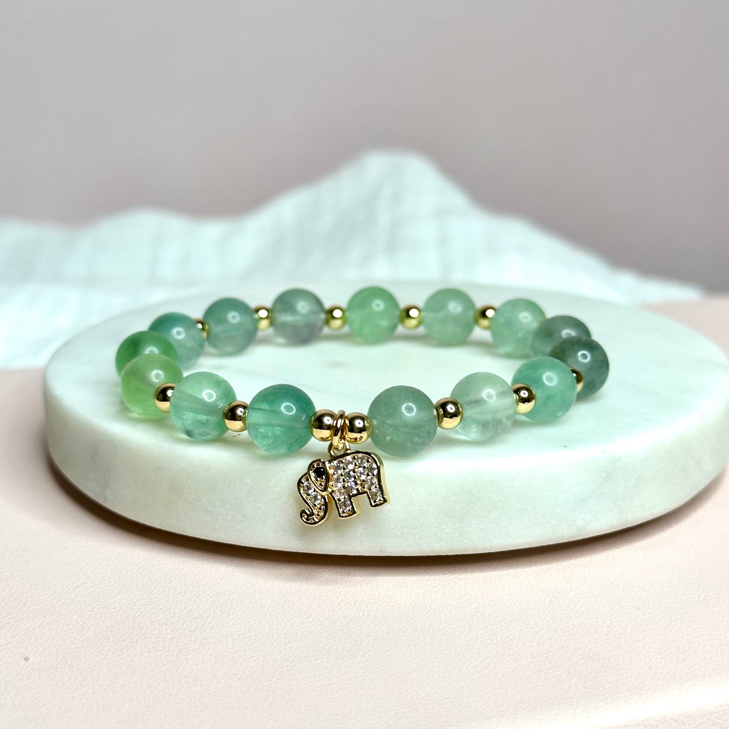 Green Fluorite with Elephant Charm Bracelet