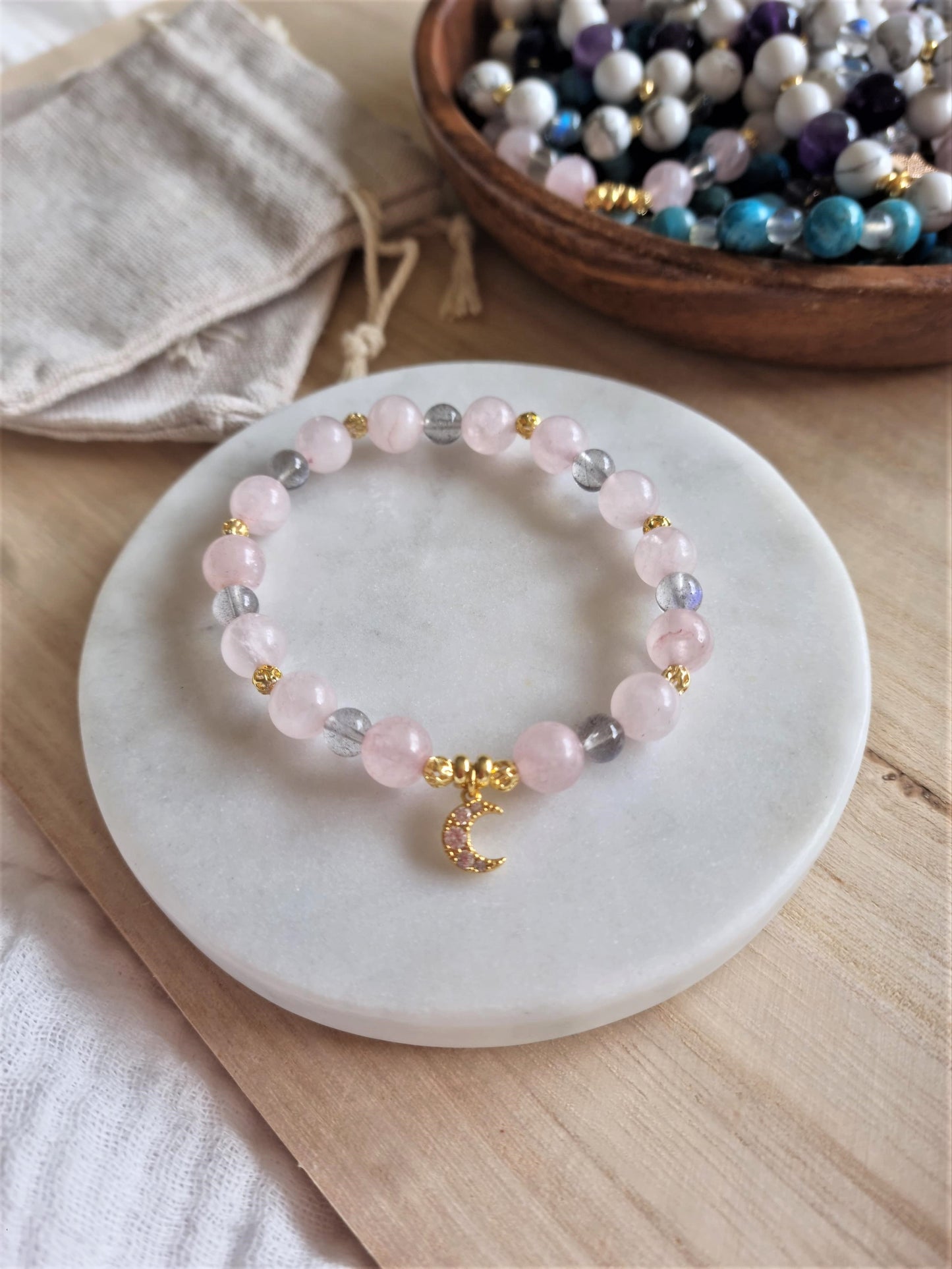 Rose Quartz & Moonstone Charm Bracelet